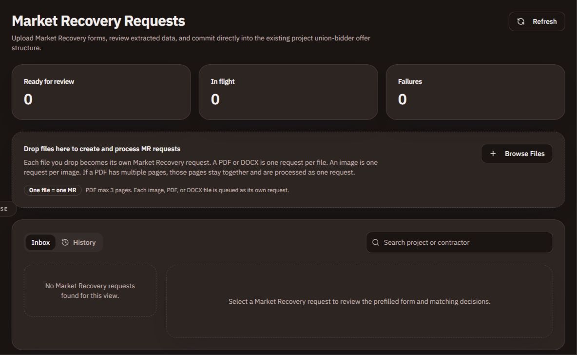 Actual market recovery request intake with document upload, review status and an empty inbox. Client branding omitted.