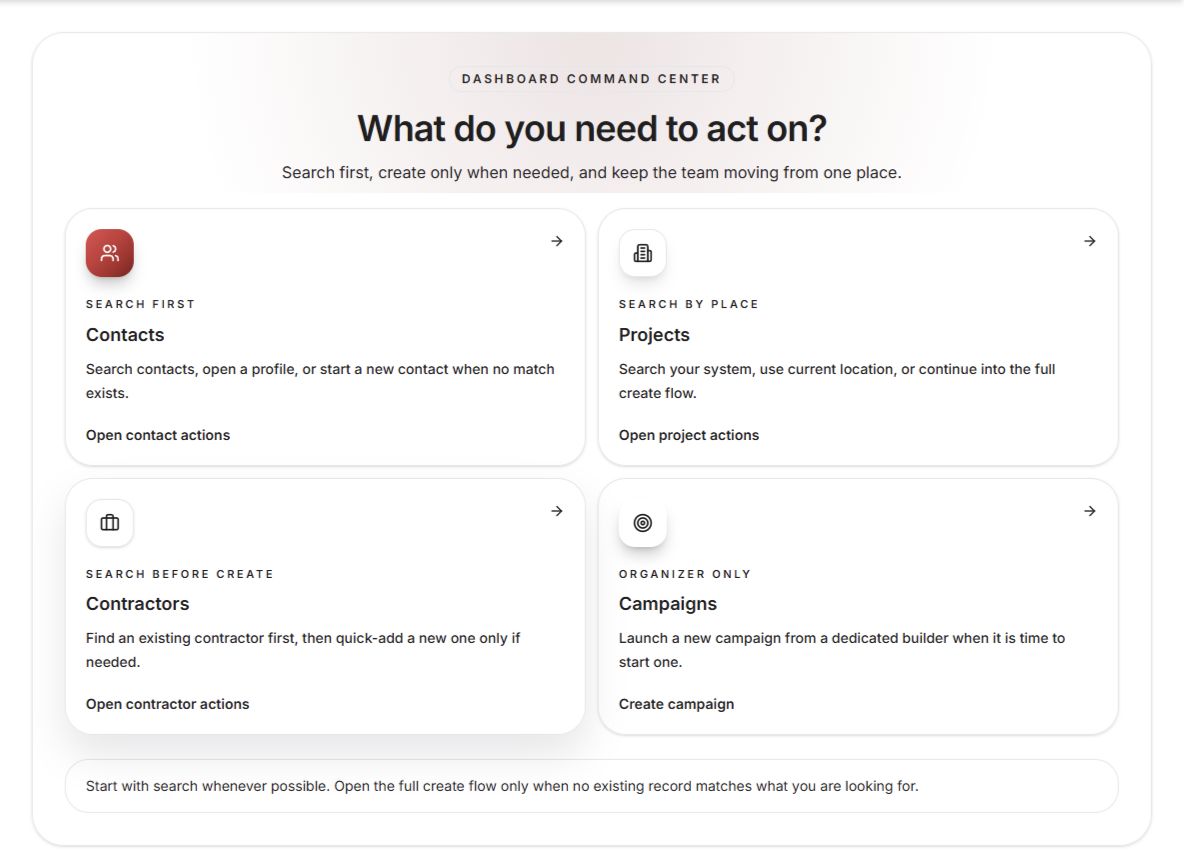 Actual organizing dashboard with contact, project, contractor and campaign actions. Identifying header and sidebar omitted.